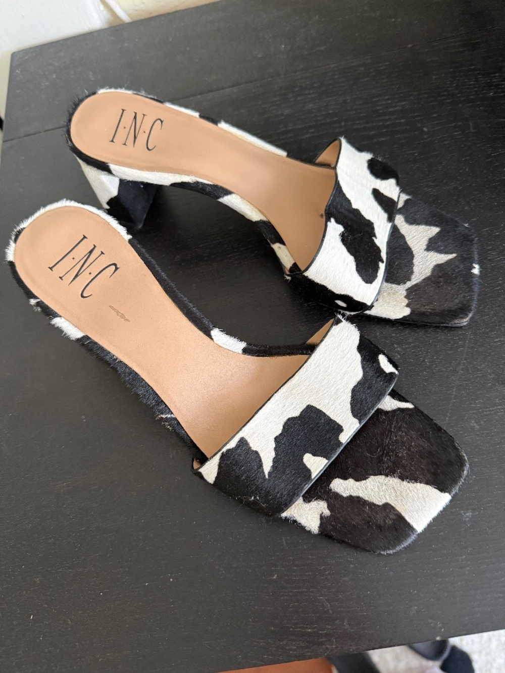 INC square toe cow print sandals